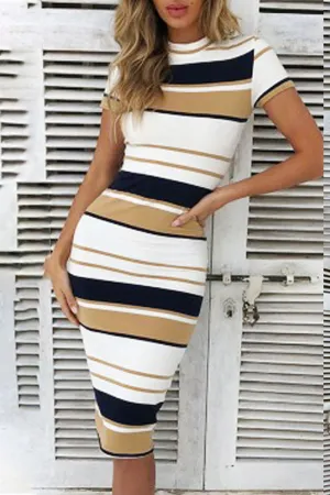 Vintage Striped Patchwork O Neck A Line Dresses