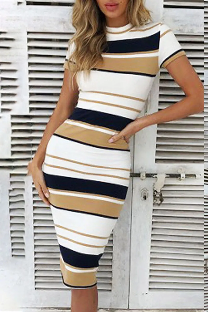 Vintage Striped Patchwork O Neck A Line Dresses