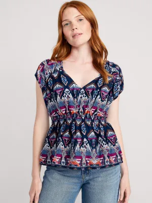 Waist-Defined Printed Dolman-Sleeve Top for Women