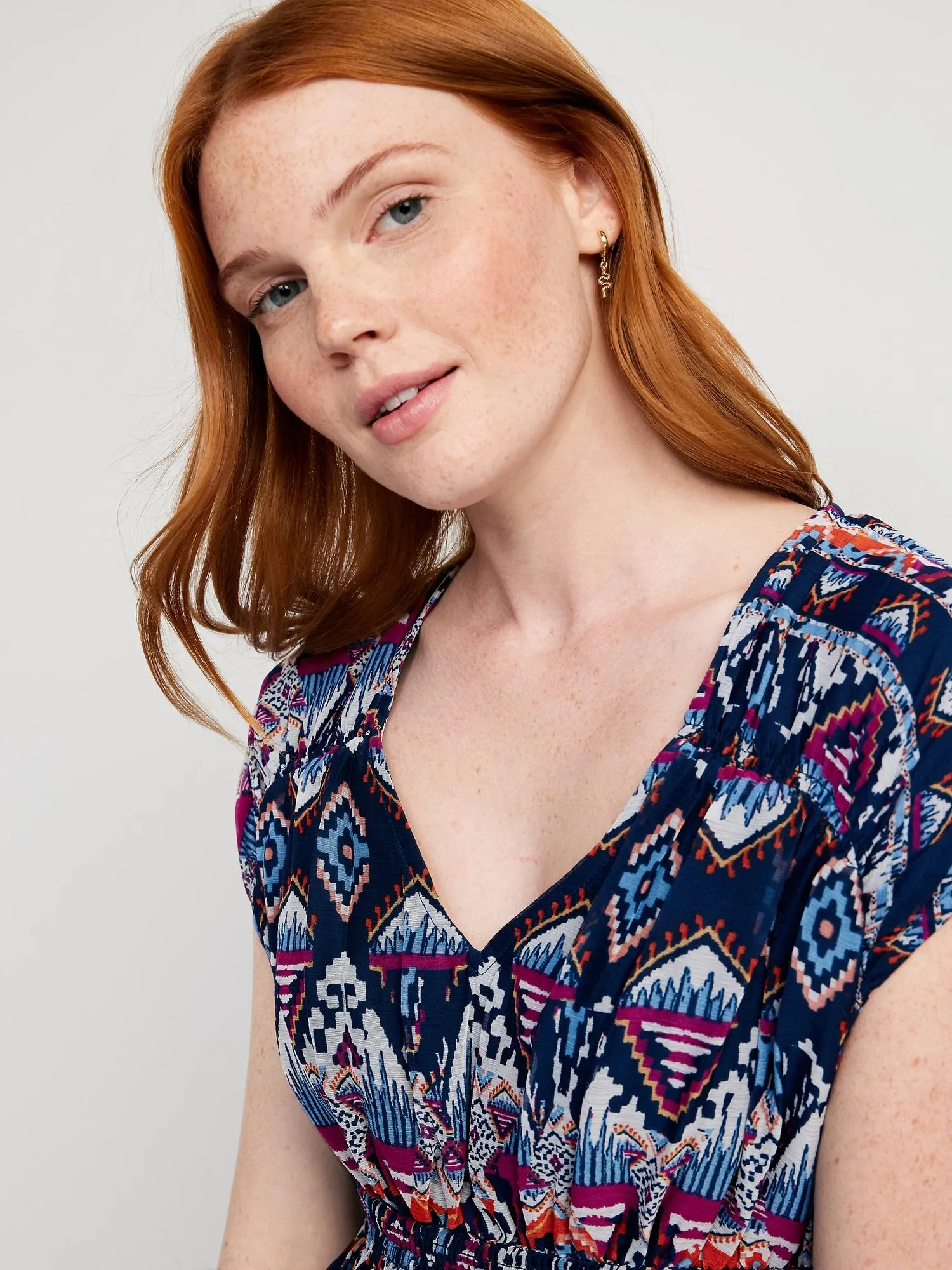 Waist-Defined Printed Dolman-Sleeve Top for Women