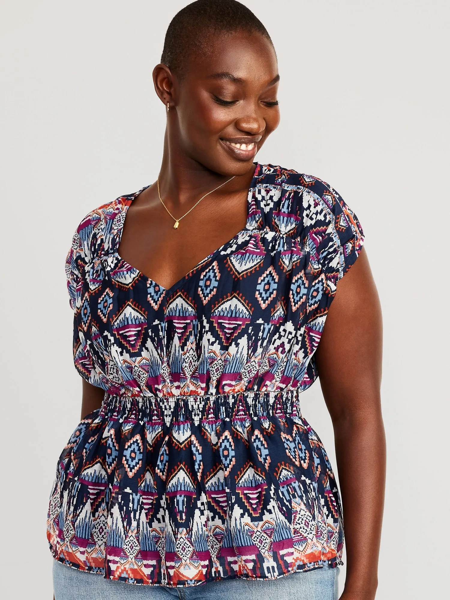 Waist-Defined Printed Dolman-Sleeve Top for Women