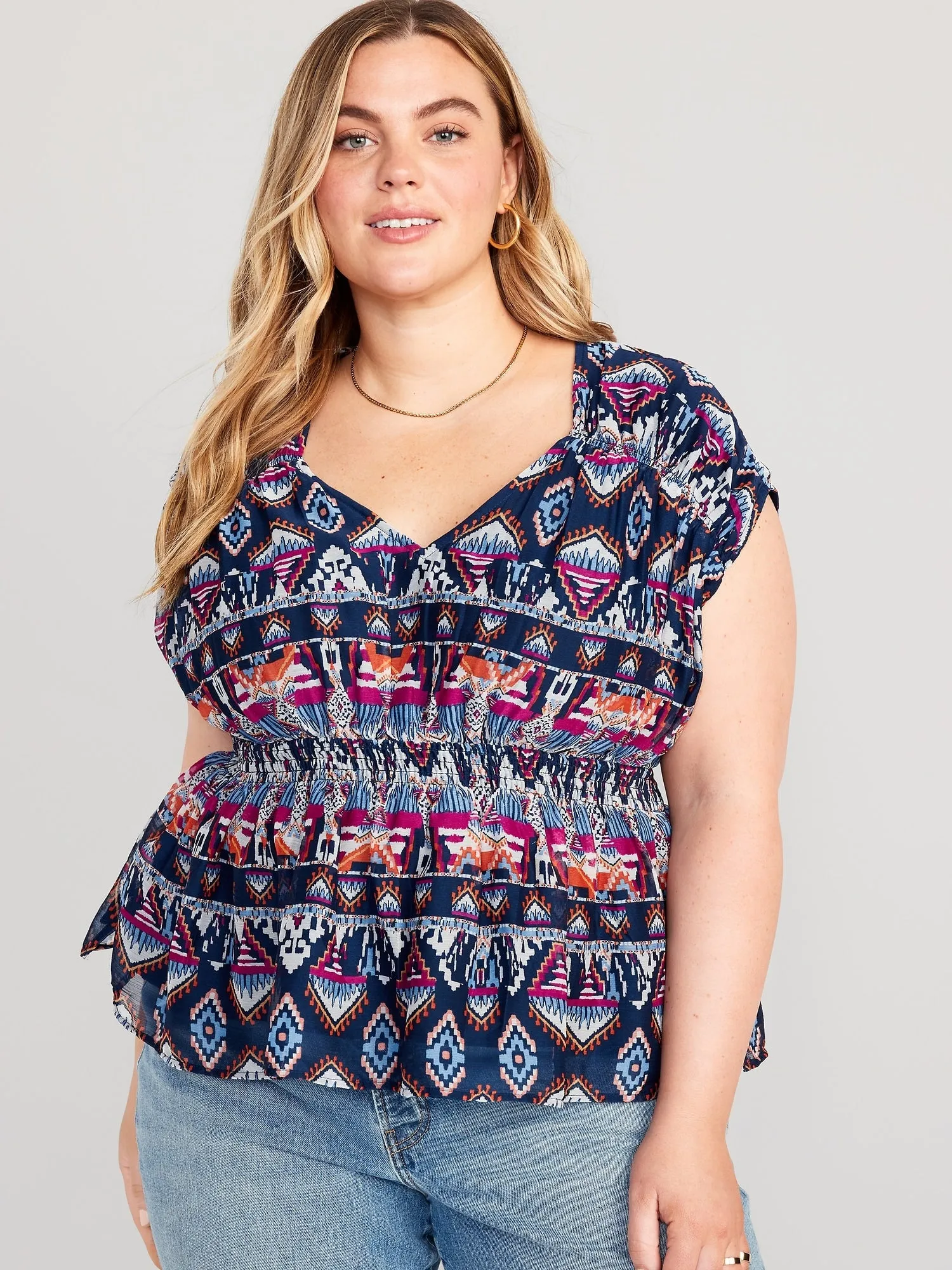 Waist-Defined Printed Dolman-Sleeve Top for Women
