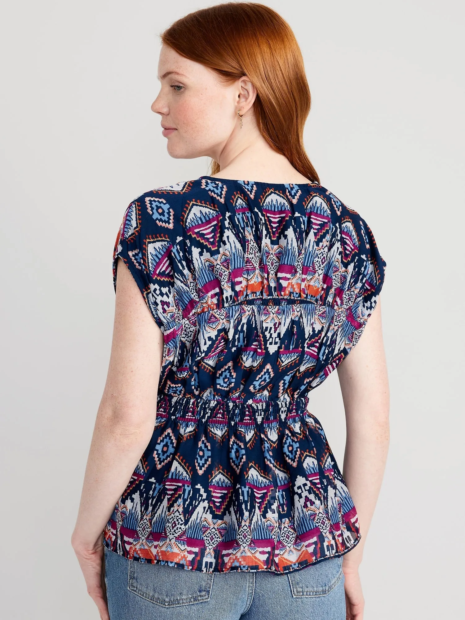 Waist-Defined Printed Dolman-Sleeve Top for Women