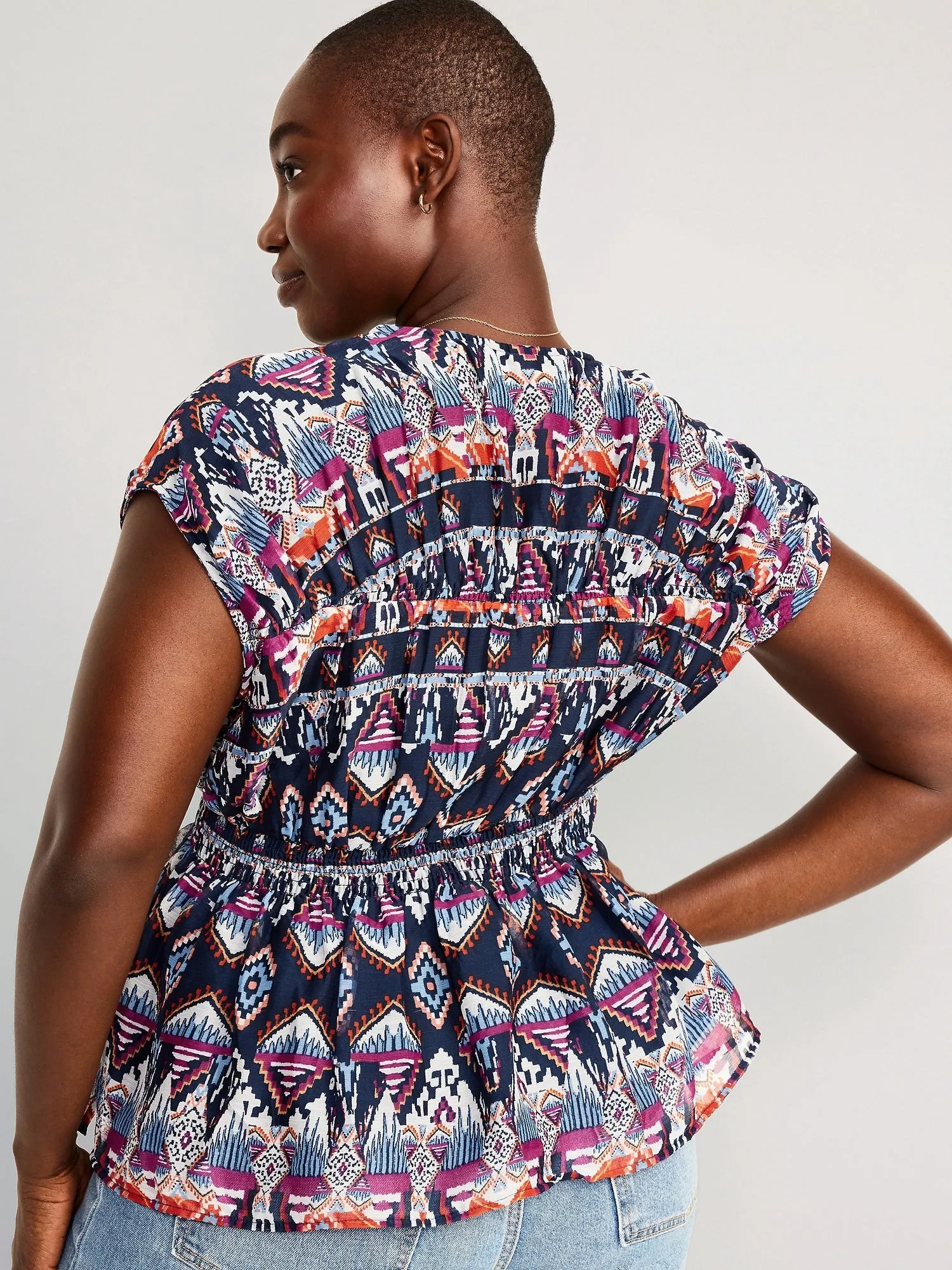 Waist-Defined Printed Dolman-Sleeve Top for Women