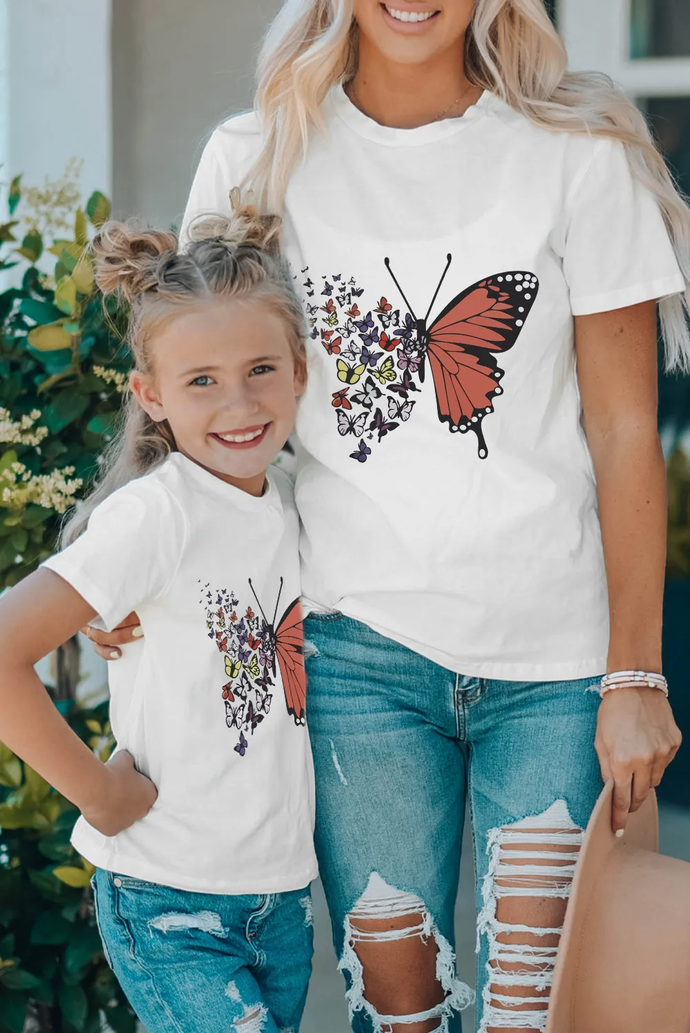 White Family Matching Butterfly Graphic Print Short Sleeve T Shirt