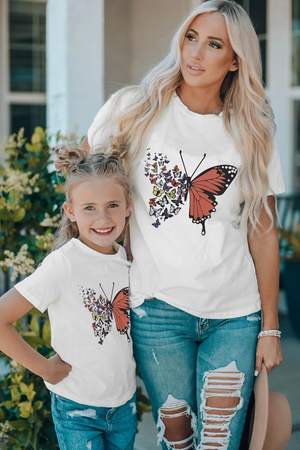 White Family Matching Butterfly Graphic Print Short Sleeve T Shirt