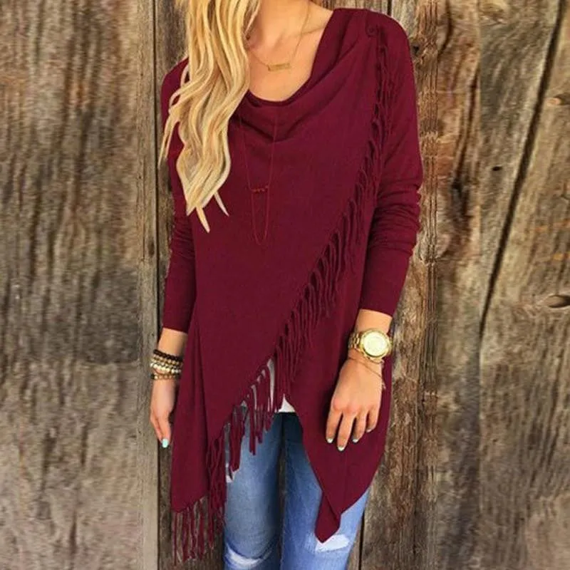 Women Fashion Blouses Hem Long Sleeve Casual Cardigan Solid Color Plus Size Tops