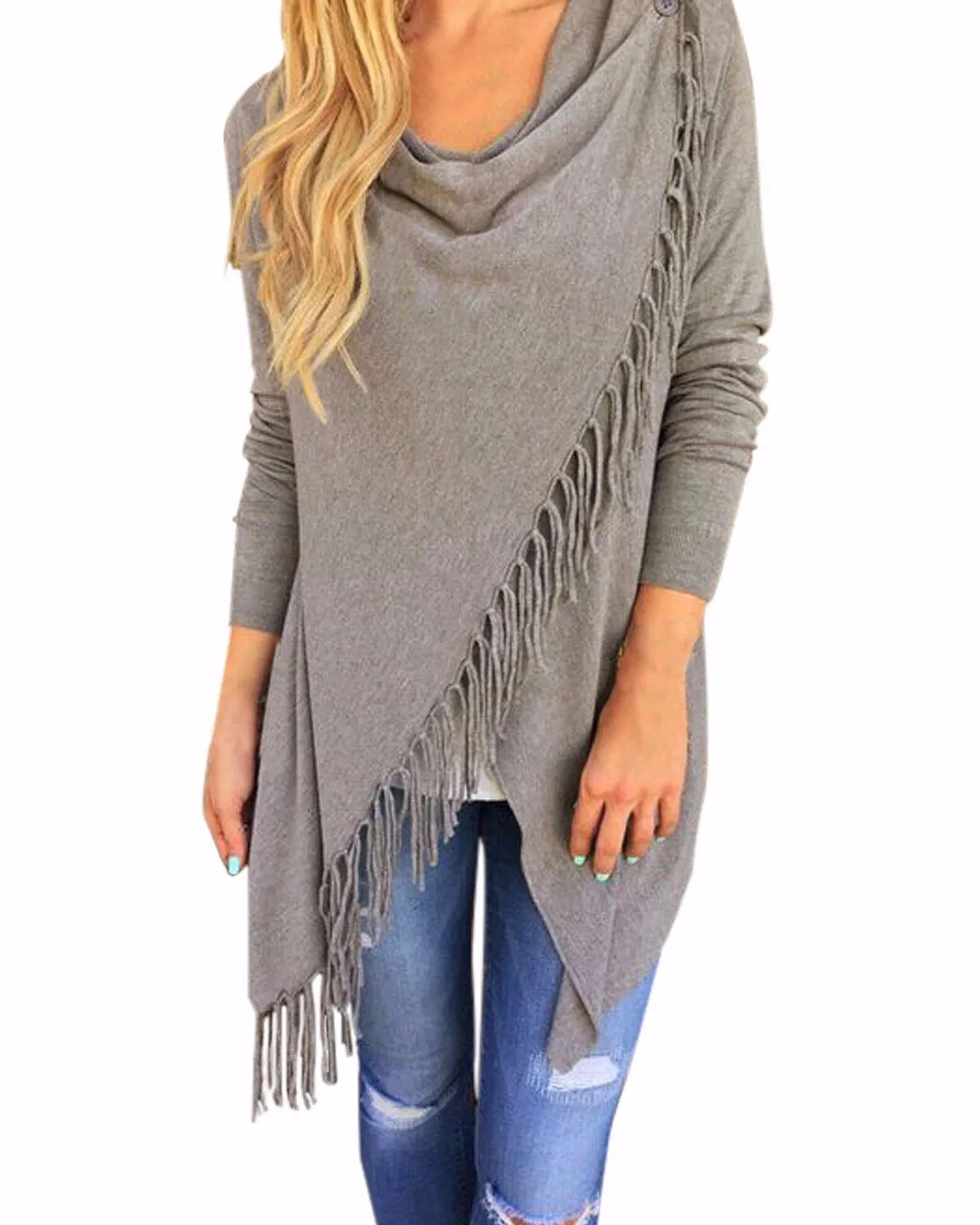 Women Fashion Blouses Hem Long Sleeve Casual Cardigan Solid Color Plus Size Tops
