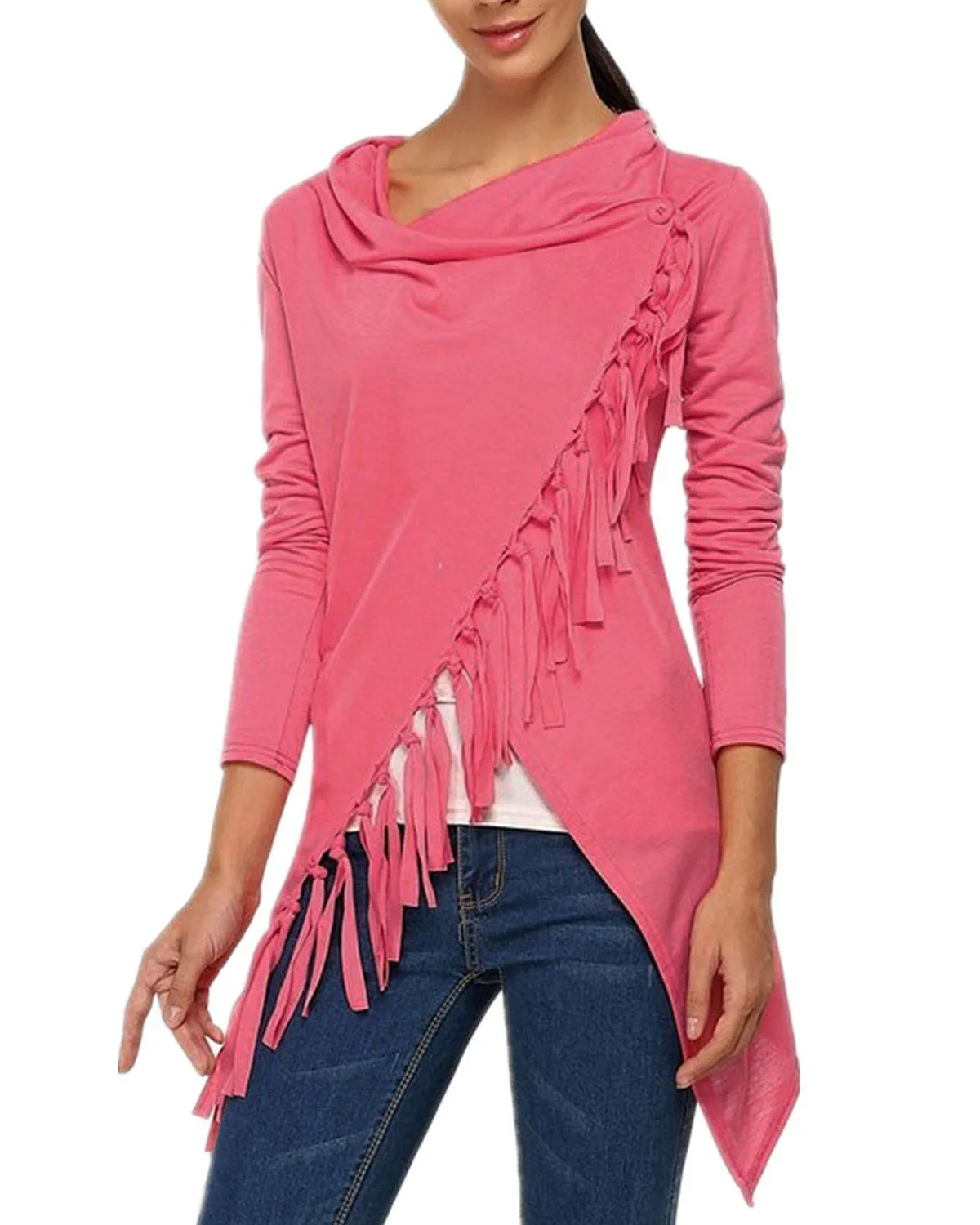 Women Fashion Blouses Hem Long Sleeve Casual Cardigan Solid Color Plus Size Tops