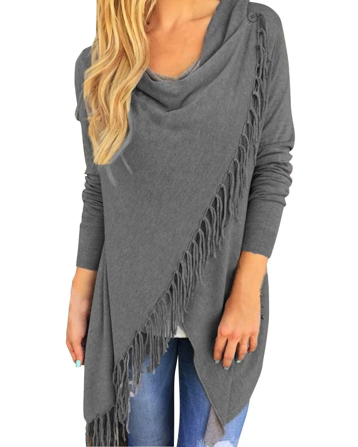 Women Fashion Blouses Hem Long Sleeve Casual Cardigan Solid Color Plus Size Tops