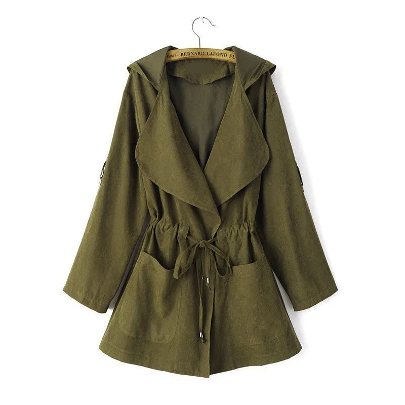 Women hooded long trench casual loose long sleeve solid coats casaco feminine Adjustable Waist street wear tops CT1083