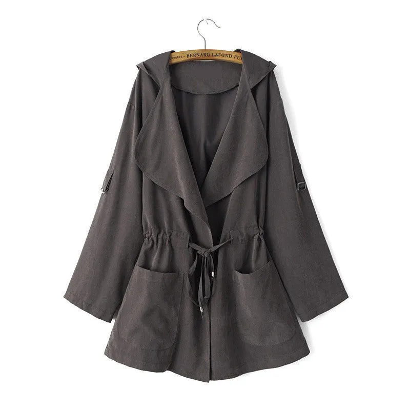 Women hooded long trench casual loose long sleeve solid coats casaco feminine Adjustable Waist street wear tops CT1083