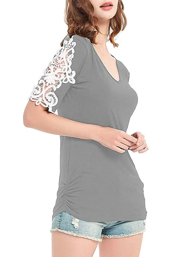 Women Sexy V Neck T Shirts Loose Cut Out Shoulder Tops