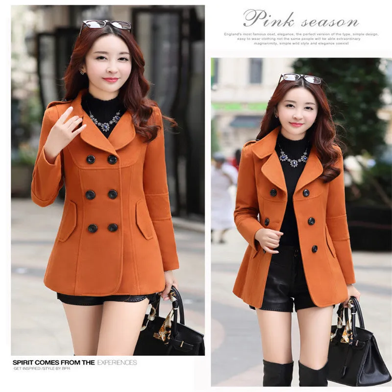 Women Woolen Coats Winter Trench Coat Fashion Solid Double Breasted Overcoat Turn-down Collar Slim Outerwear C8103
