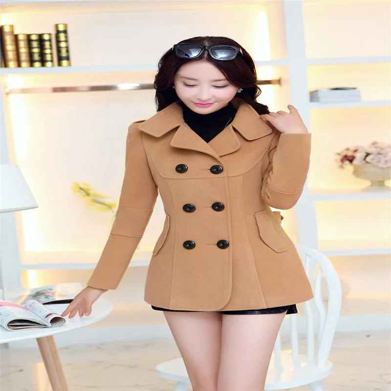 Women Woolen Coats Winter Trench Coat Fashion Solid Double Breasted Overcoat Turn-down Collar Slim Outerwear C8103