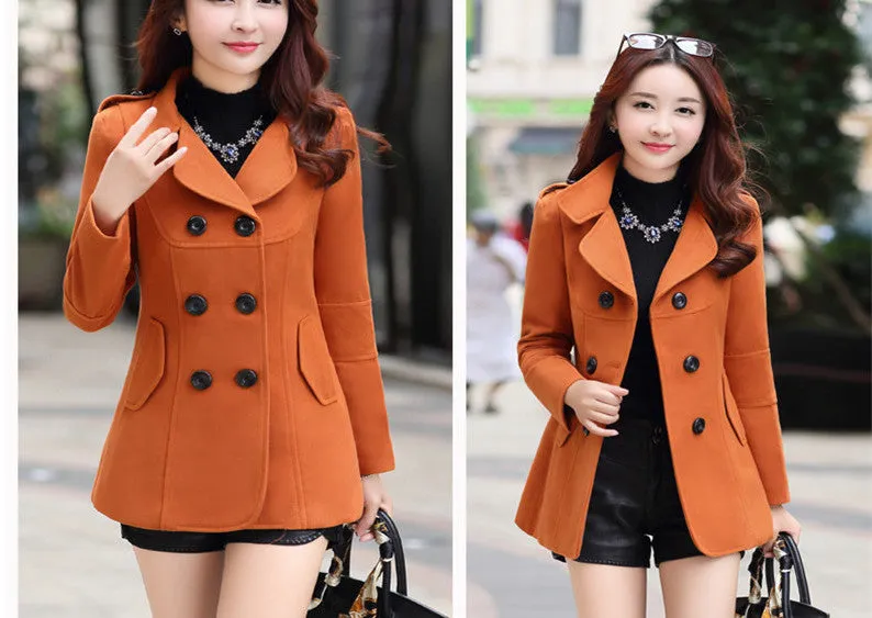 Women Woolen Coats Winter Trench Coat Fashion Solid Double Breasted Overcoat Turn-down Collar Slim Outerwear C8103