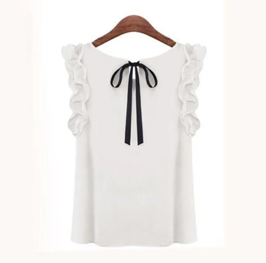 Womens Blouses Chiffon Shirts O-neck Lotus Leaf Pullover Lacing Bow Size S-XL