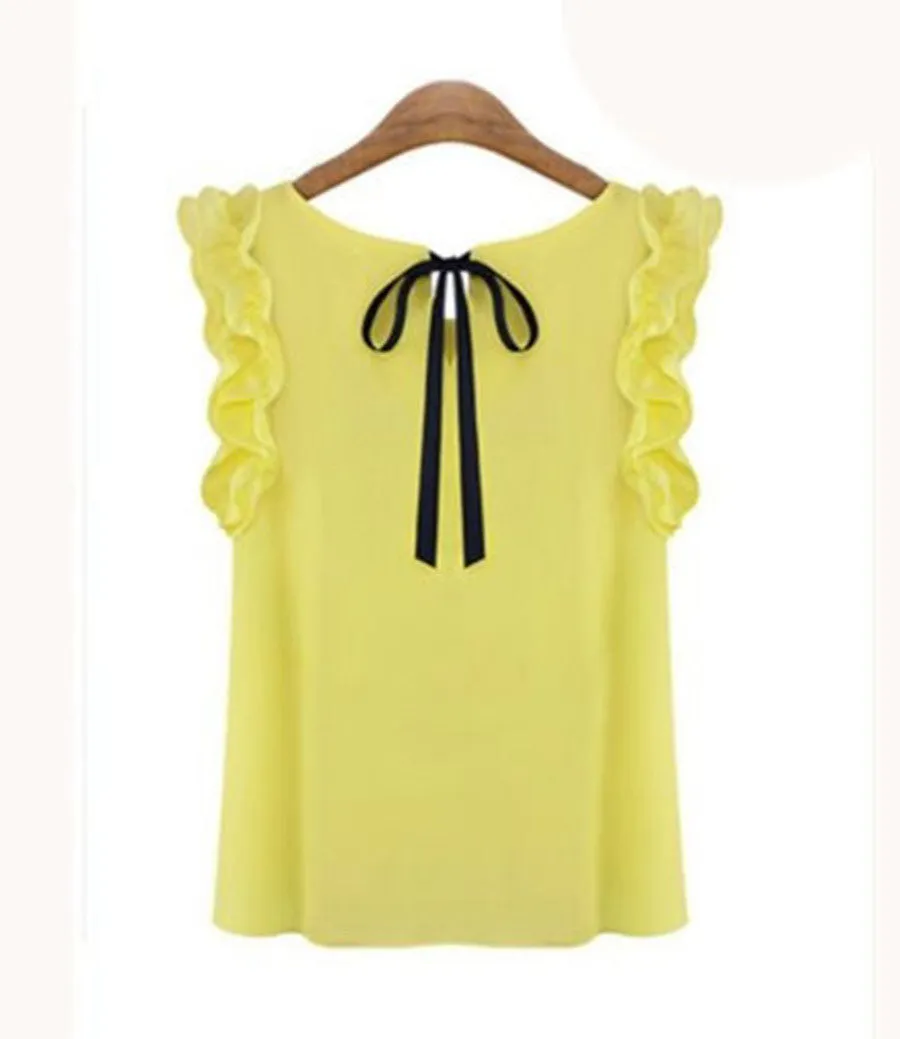 Womens Blouses Chiffon Shirts O-neck Lotus Leaf Pullover Lacing Bow Size S-XL