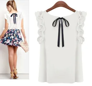 Womens Blouses Chiffon Shirts O-neck Lotus Leaf Pullover Lacing Bow Size S-XL