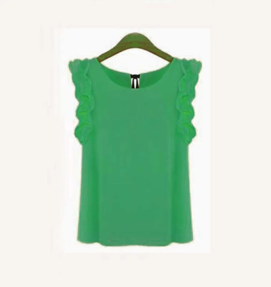 Womens Blouses Chiffon Shirts O-neck Lotus Leaf Pullover Lacing Bow Size S-XL
