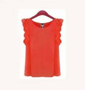 Womens Blouses Chiffon Shirts O-neck Lotus Leaf Pullover Lacing Bow Size S-XL