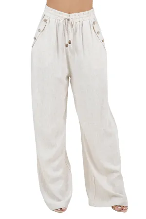 Women's Casual Beach Resort Wear Button Detail Linen-Blend Palazzo Pants with Drawstring Waist