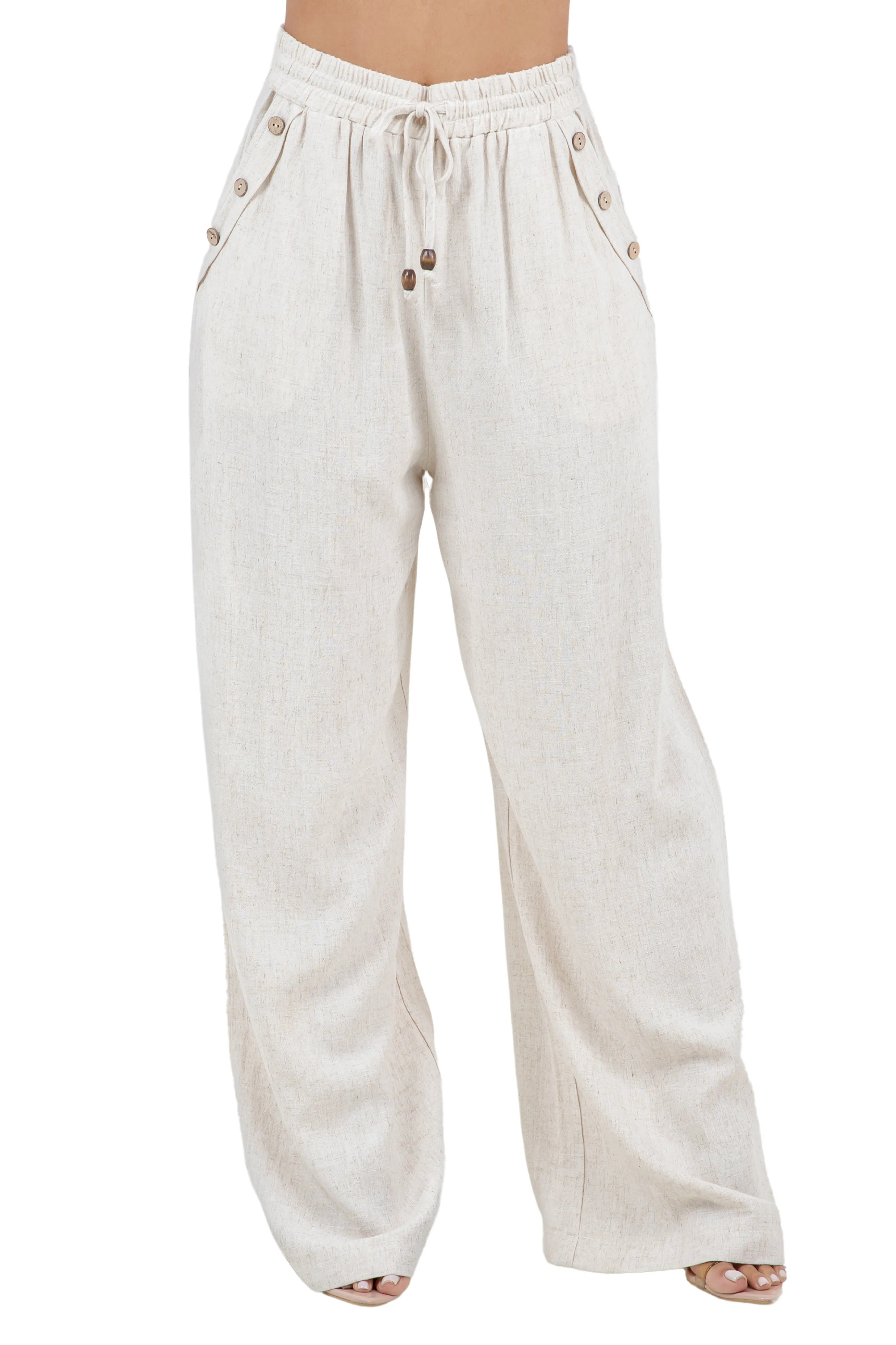 Women's Casual Beach Resort Wear Button Detail Linen-Blend Palazzo Pants with Drawstring Waist