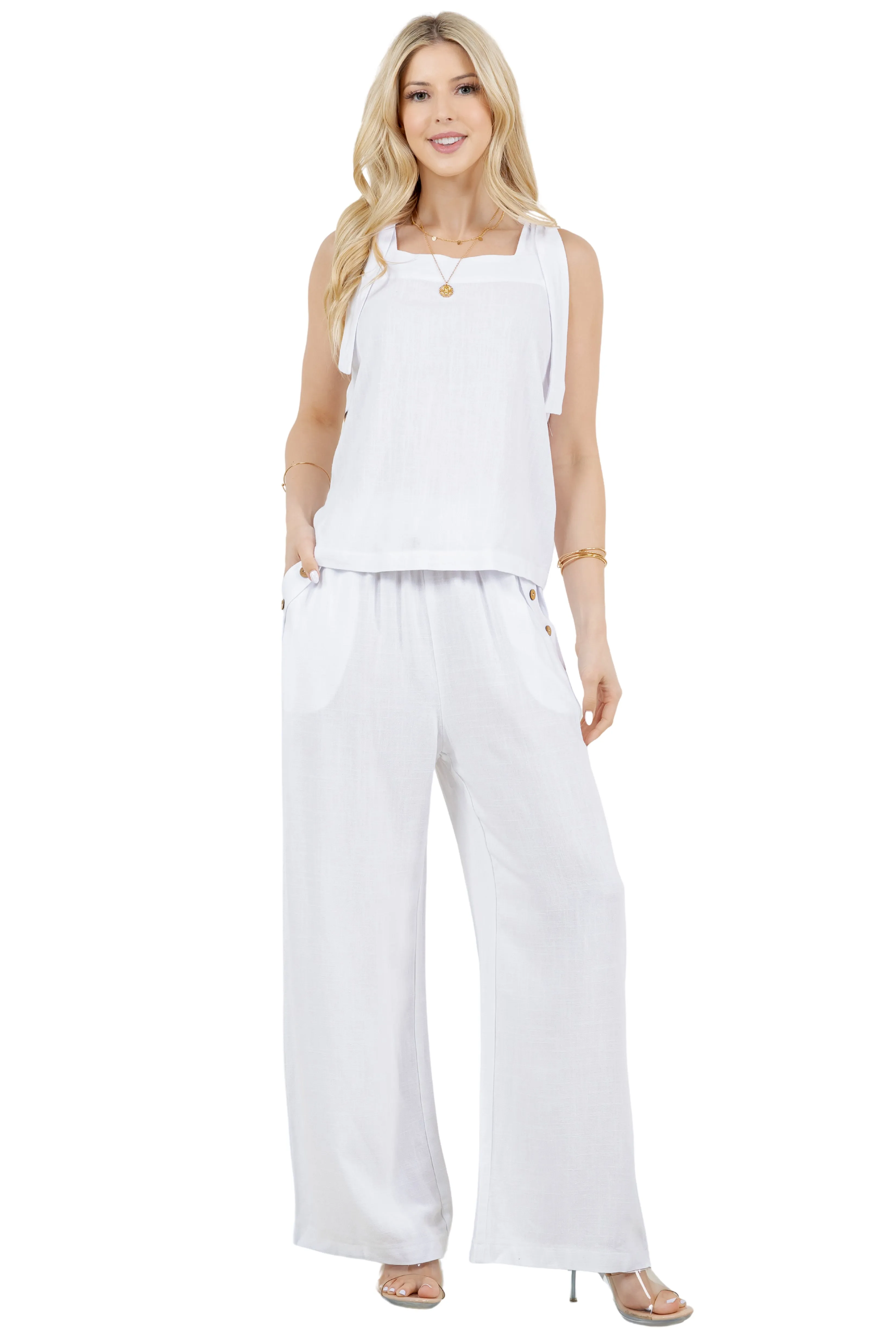 Women's Casual Beach Resort Wear Button Detail Linen-Blend Palazzo Pants with Drawstring Waist