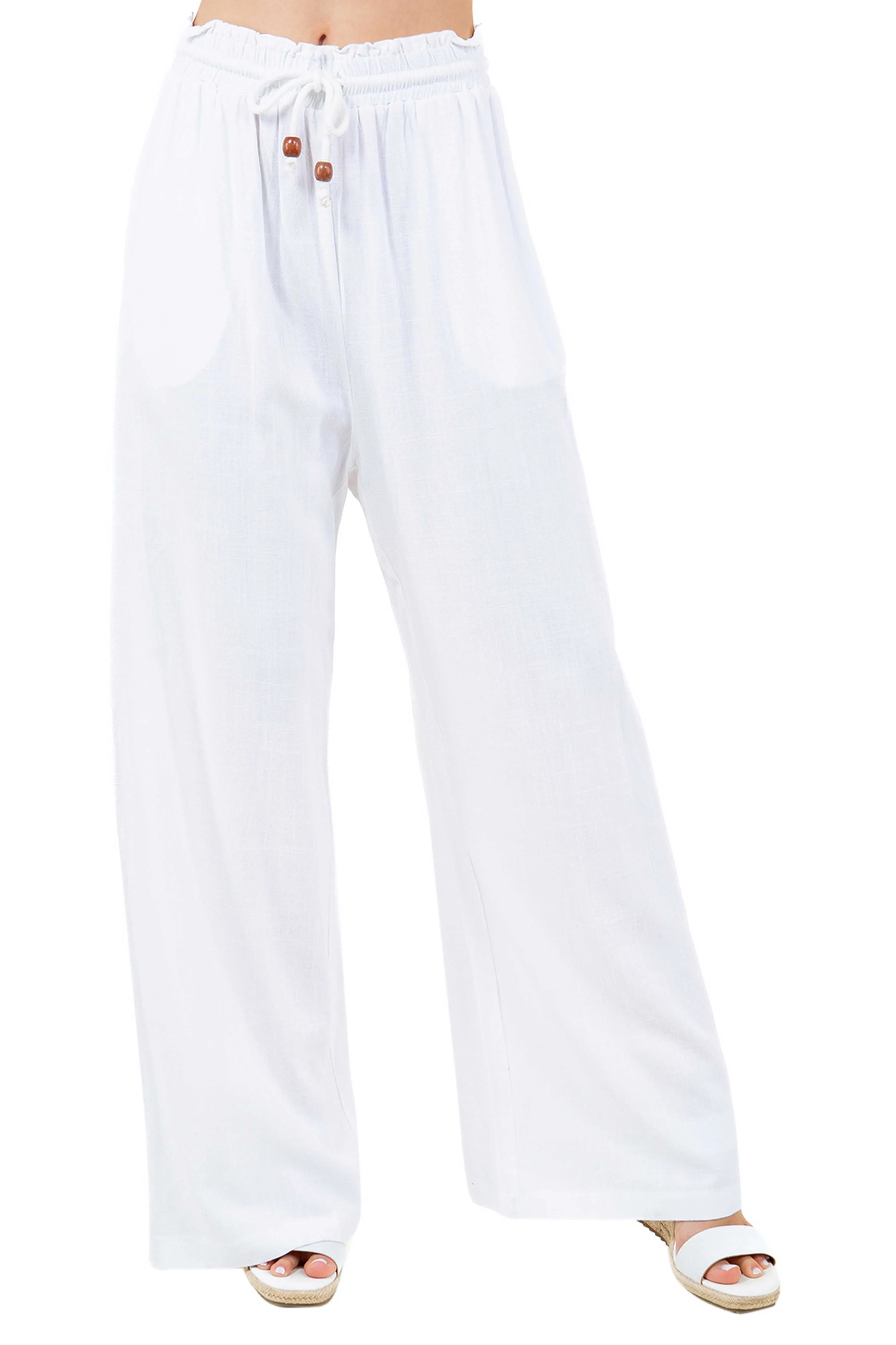 Women's Casual Beach Resort Wear Palazzo Pants Linen Blend with Drawstring Waist