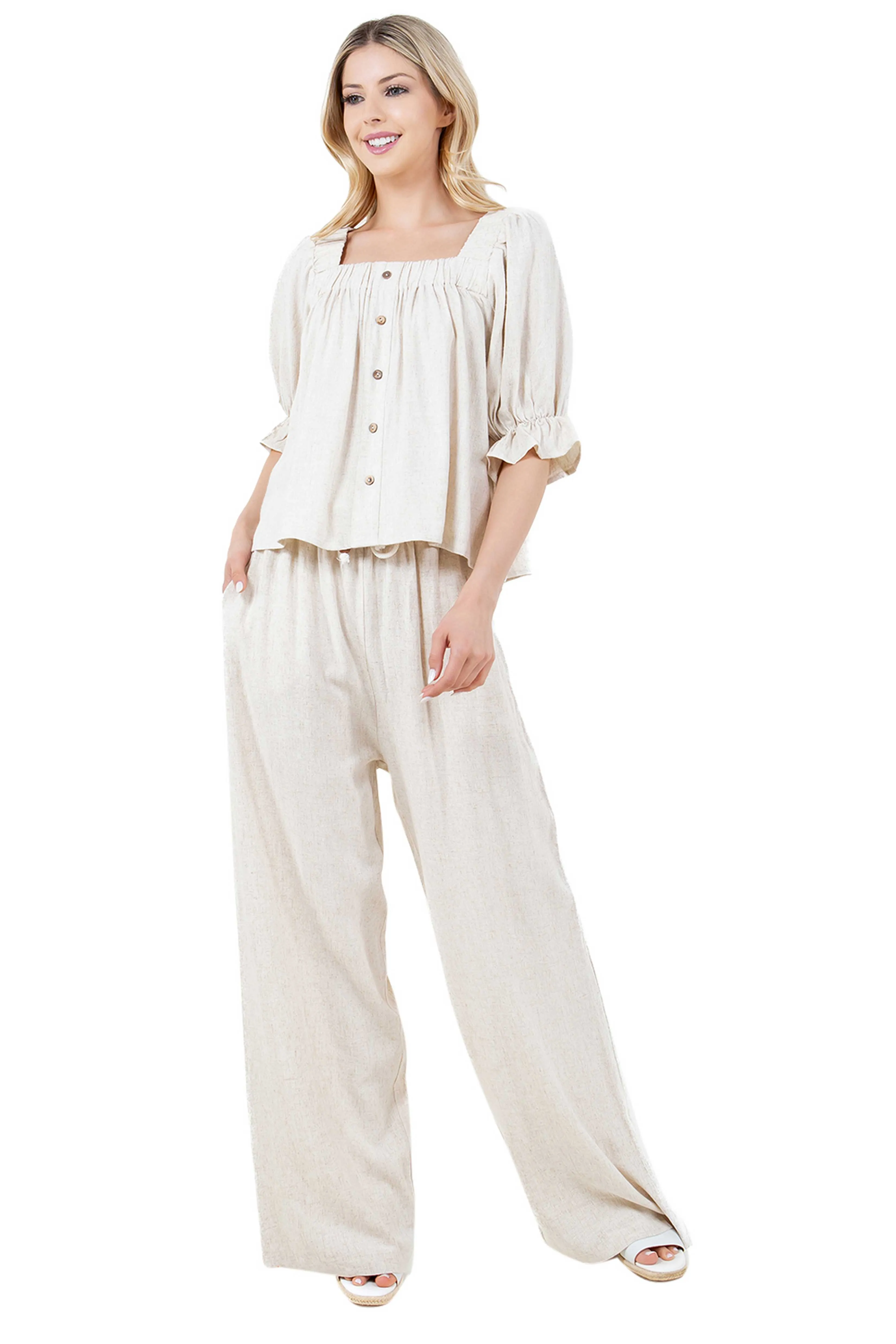 Women's Casual Beach Resort Wear Palazzo Pants Linen Blend with Drawstring Waist