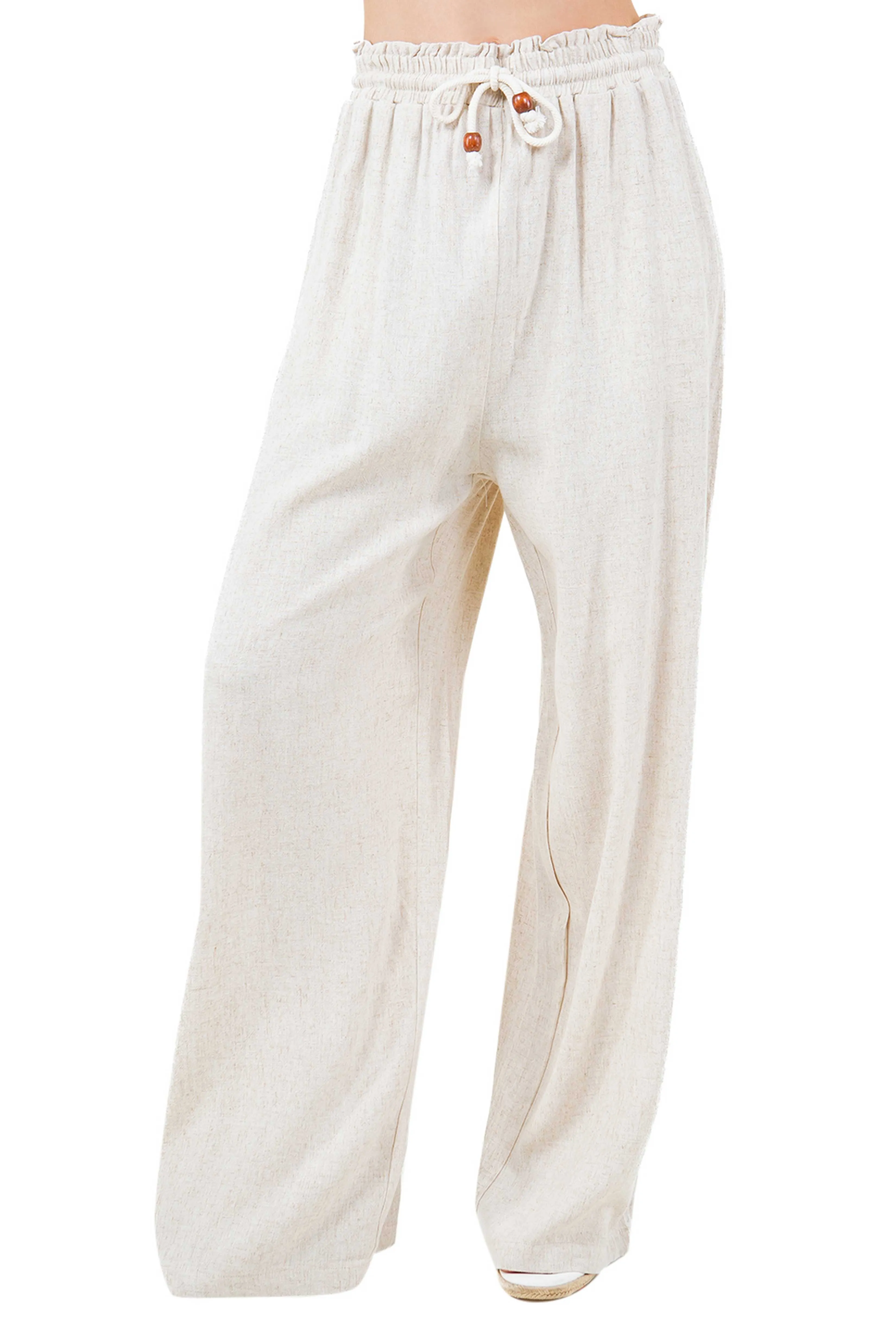 Women's Casual Beach Resort Wear Palazzo Pants Linen Blend with Drawstring Waist