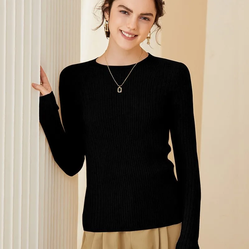 Womens Crew Neck Cashmere Rib-Knit Sweater Fitted Cashmere Blouse