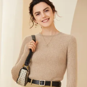 Womens Crew Neck Cashmere Rib-Knit Sweater Fitted Cashmere Blouse