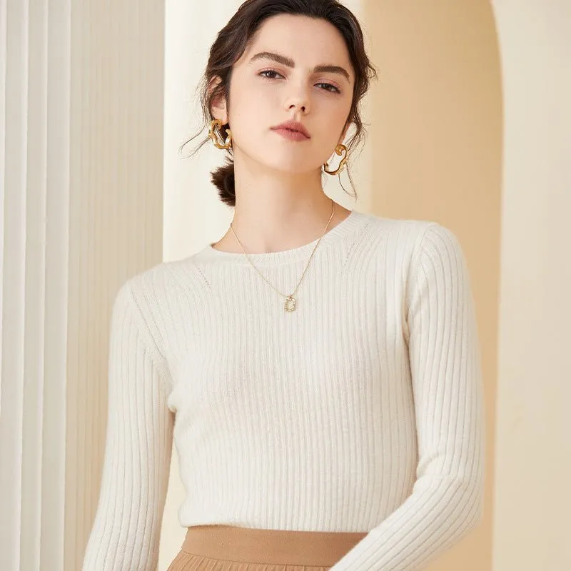 Womens Crew Neck Cashmere Rib-Knit Sweater Fitted Cashmere Blouse