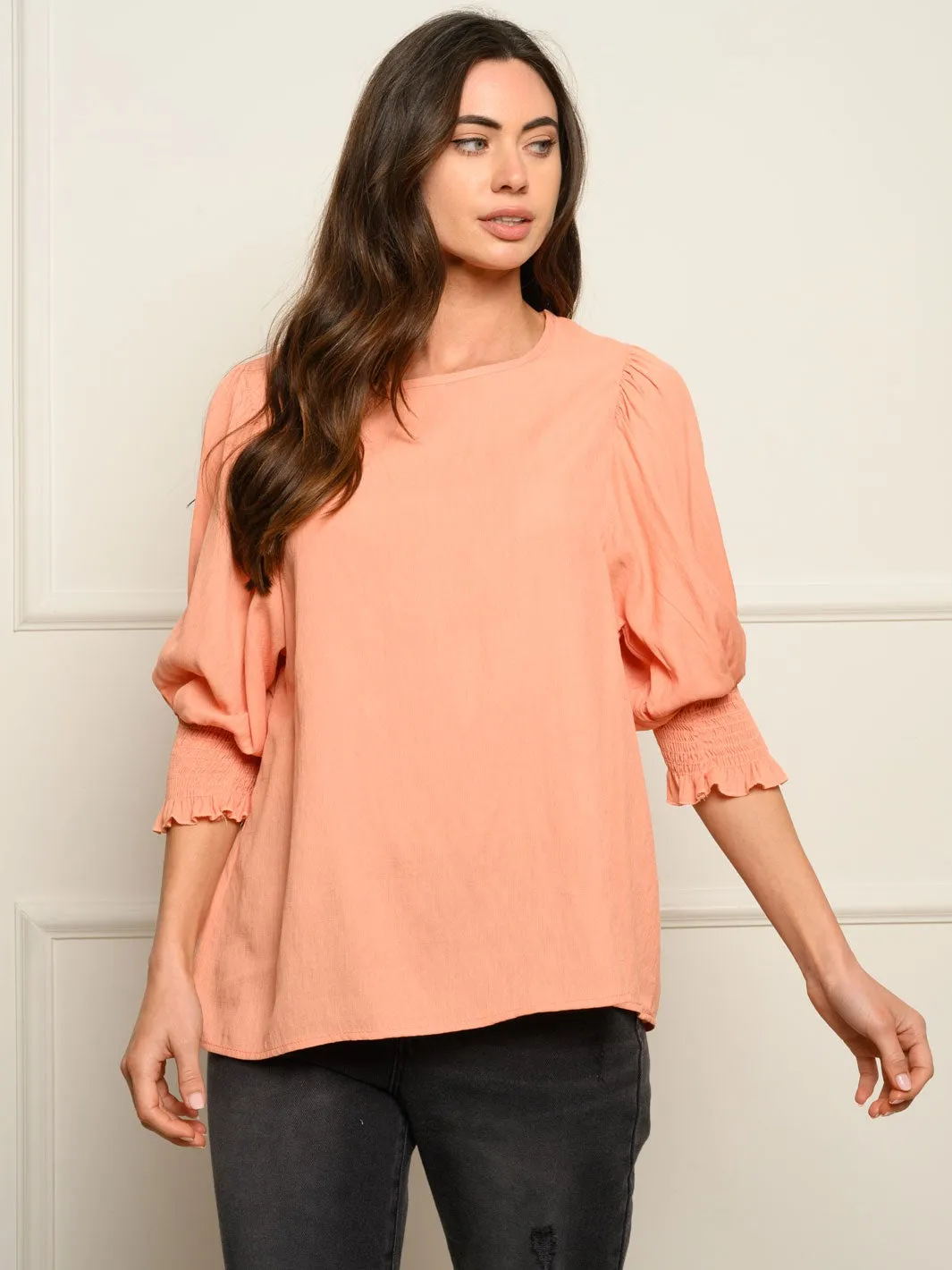 WOMEN'S SMOCKED 3/4 SLEEVES TOP