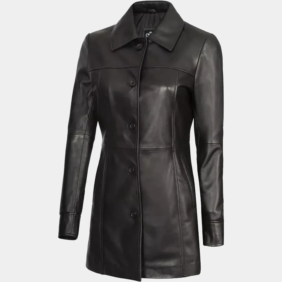 Women's Stylish Lambskin Leather Black Trench Coat