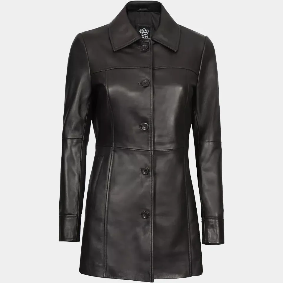 Women's Stylish Lambskin Leather Black Trench Coat