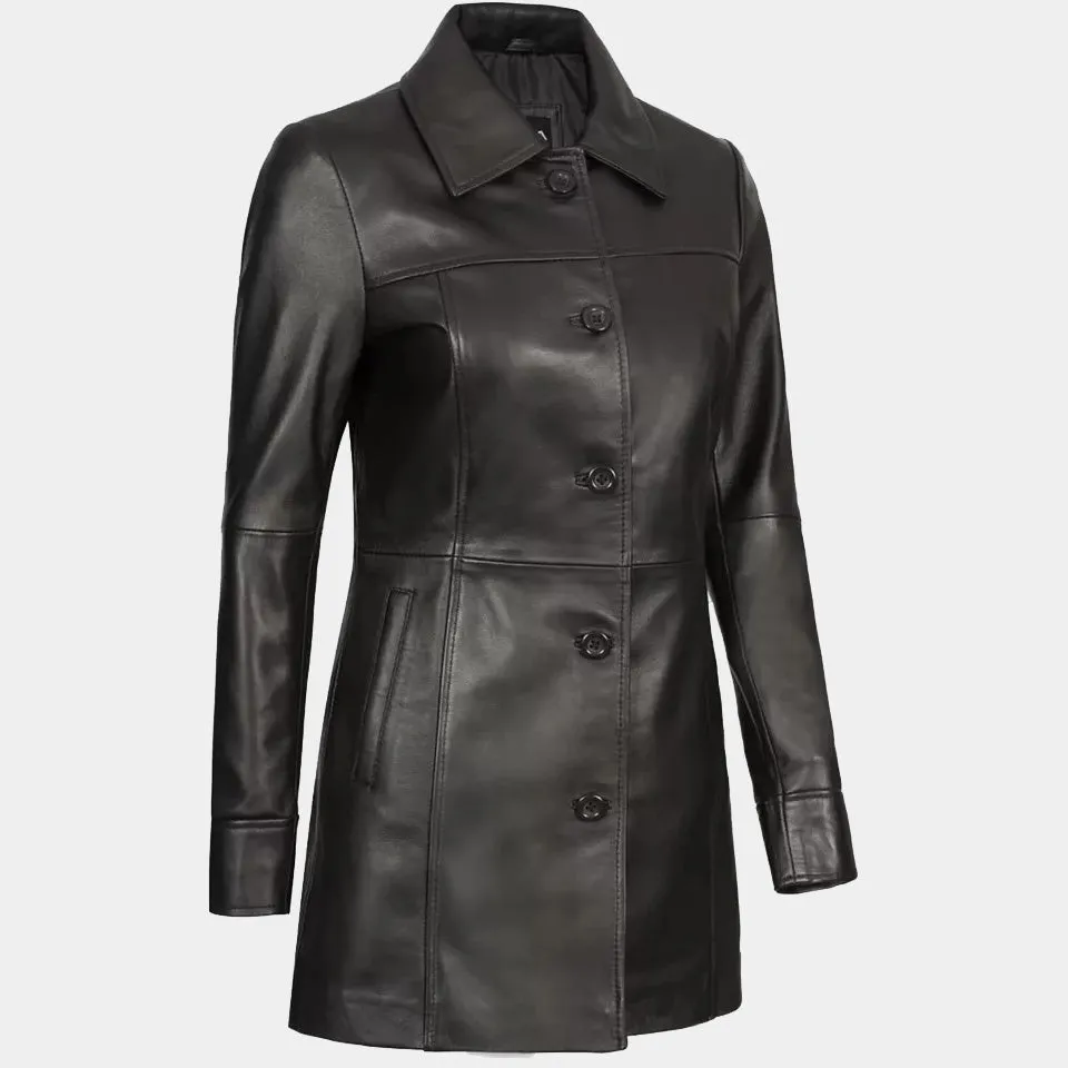 Women's Stylish Lambskin Leather Black Trench Coat