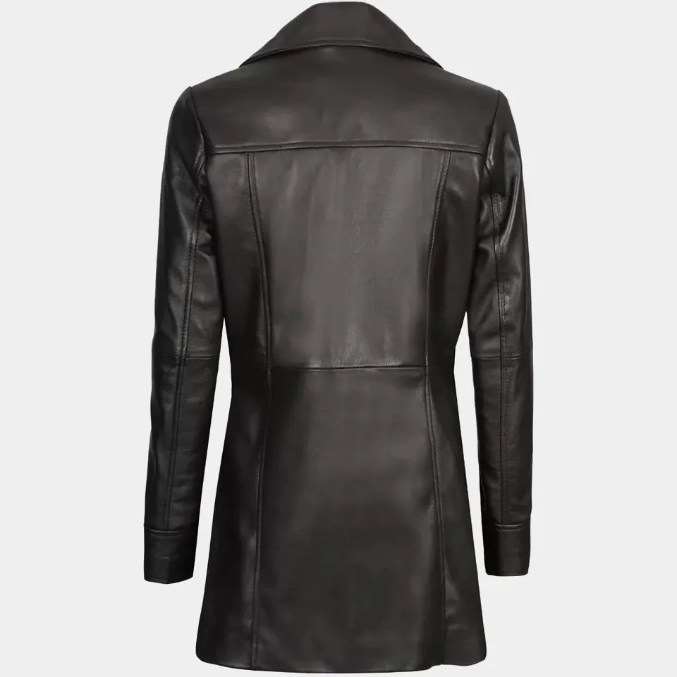 Women's Stylish Lambskin Leather Black Trench Coat