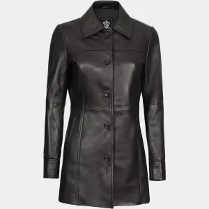 Women's Stylish Lambskin Leather Black Trench Coat