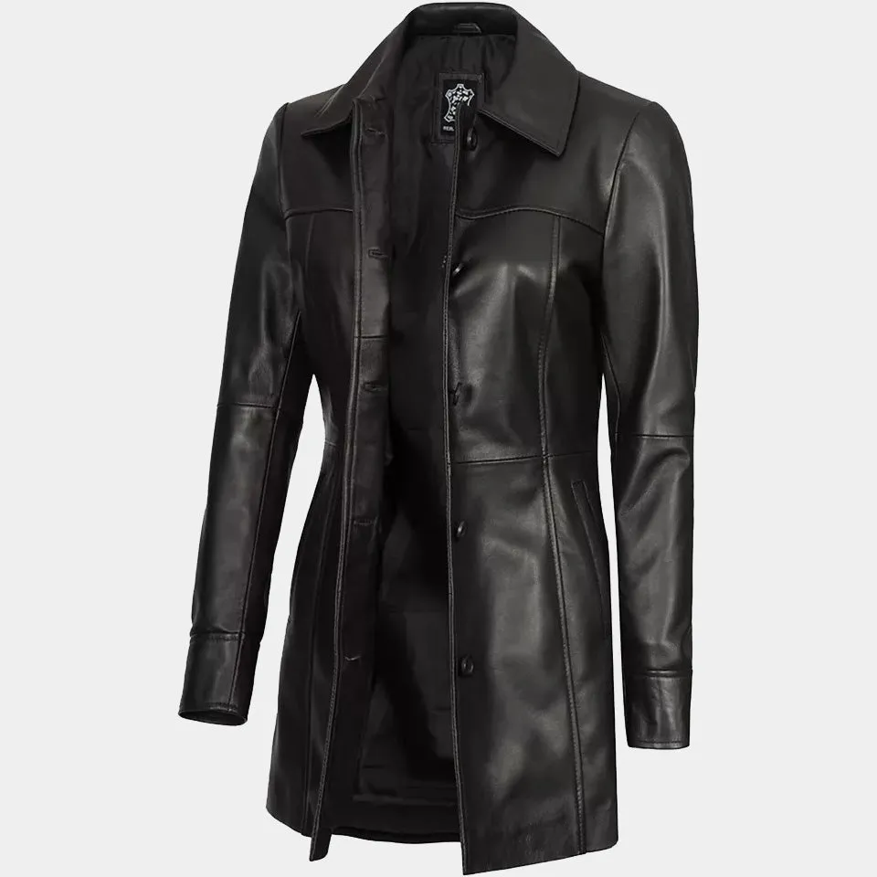 Women's Stylish Lambskin Leather Black Trench Coat