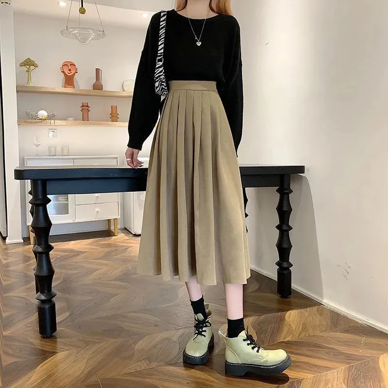 Xpqbb Korean Style Women's Midi Skirt 2022 Autumn High-Waisted Corduroy Long Skirt Women College Style Pleated A-Line Skirts