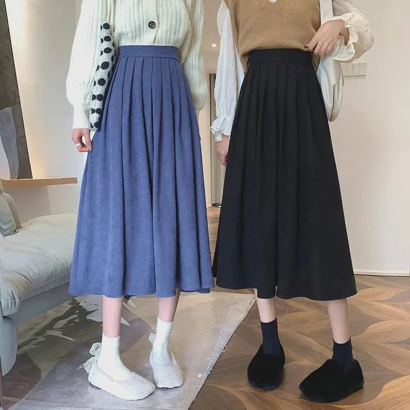 Xpqbb Korean Style Women's Midi Skirt 2022 Autumn High-Waisted Corduroy Long Skirt Women College Style Pleated A-Line Skirts