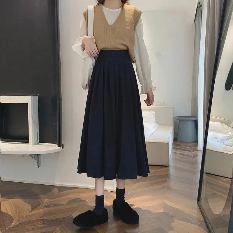 Xpqbb Korean Style Women's Midi Skirt 2022 Autumn High-Waisted Corduroy Long Skirt Women College Style Pleated A-Line Skirts
