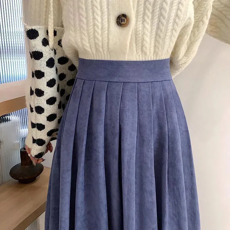 Xpqbb Korean Style Women's Midi Skirt 2022 Autumn High-Waisted Corduroy Long Skirt Women College Style Pleated A-Line Skirts