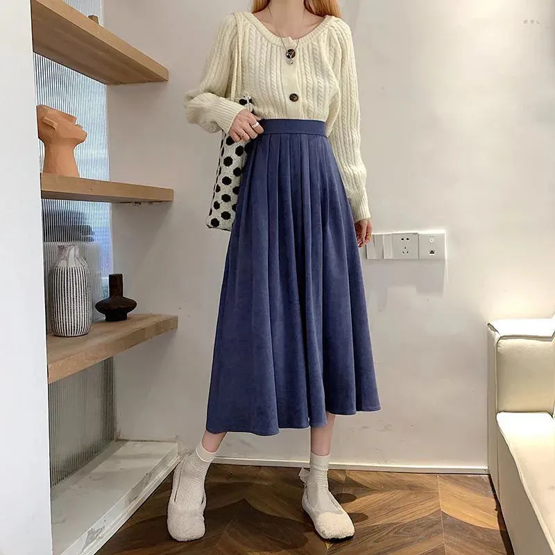 Xpqbb Korean Style Women's Midi Skirt 2022 Autumn High-Waisted Corduroy Long Skirt Women College Style Pleated A-Line Skirts