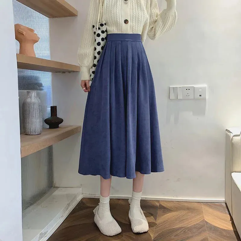Xpqbb Korean Style Women's Midi Skirt 2022 Autumn High-Waisted Corduroy Long Skirt Women College Style Pleated A-Line Skirts