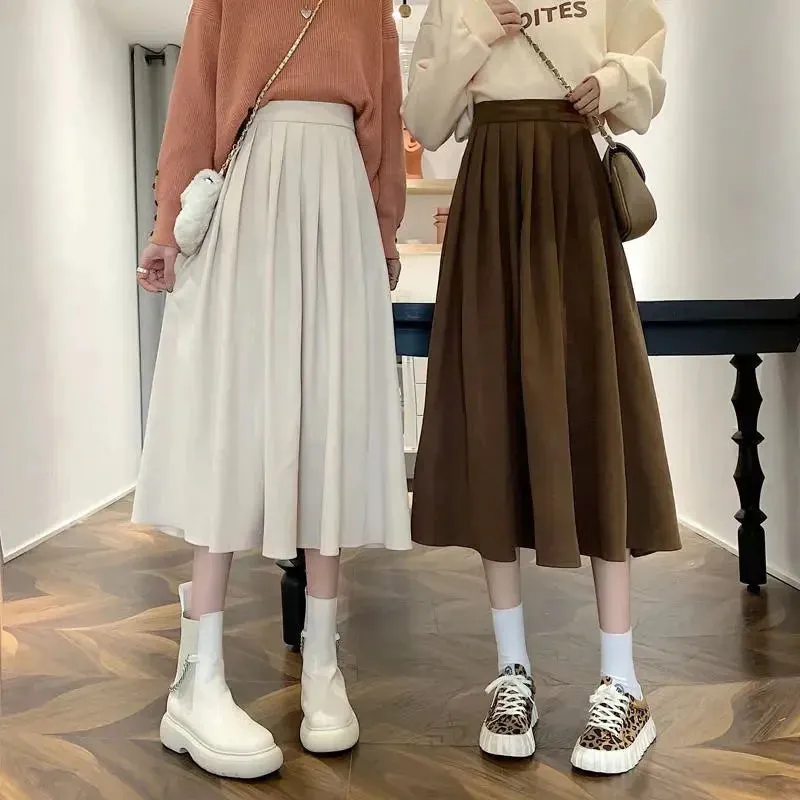Xpqbb Korean Style Women's Midi Skirt 2022 Autumn High-Waisted Corduroy Long Skirt Women College Style Pleated A-Line Skirts