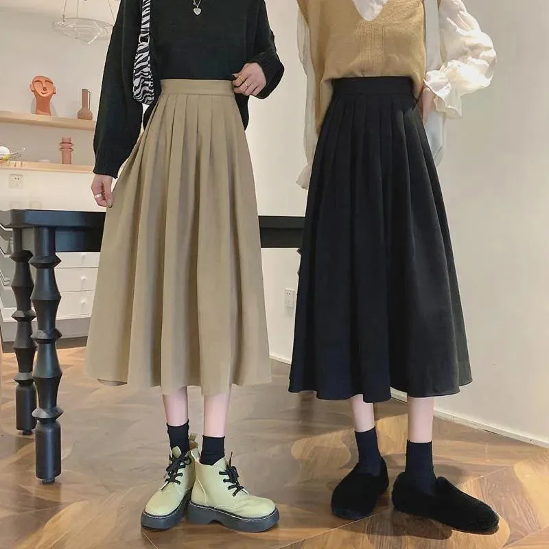 Xpqbb Korean Style Women's Midi Skirt 2022 Autumn High-Waisted Corduroy Long Skirt Women College Style Pleated A-Line Skirts