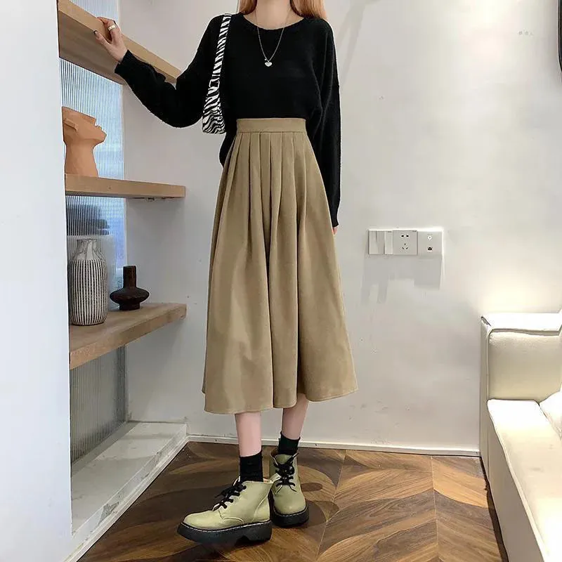 Xpqbb Korean Style Women's Midi Skirt 2022 Autumn High-Waisted Corduroy Long Skirt Women College Style Pleated A-Line Skirts